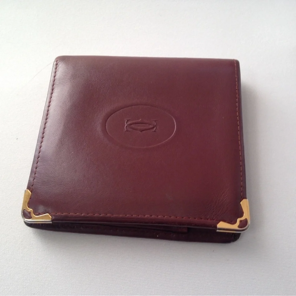Cartier Bordeaux Red leather wallet vintage square bifold compact.